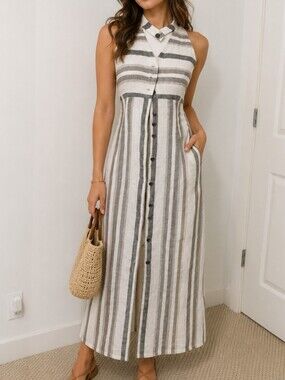 Orchidee Exclusive Striped Button Up Front Maxi Dress Italy 40 Resort Coastal